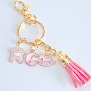 New Enamel Charm Dangling Keychain Tassel Pastel Pink Rose Baby Toys Moon Onesie